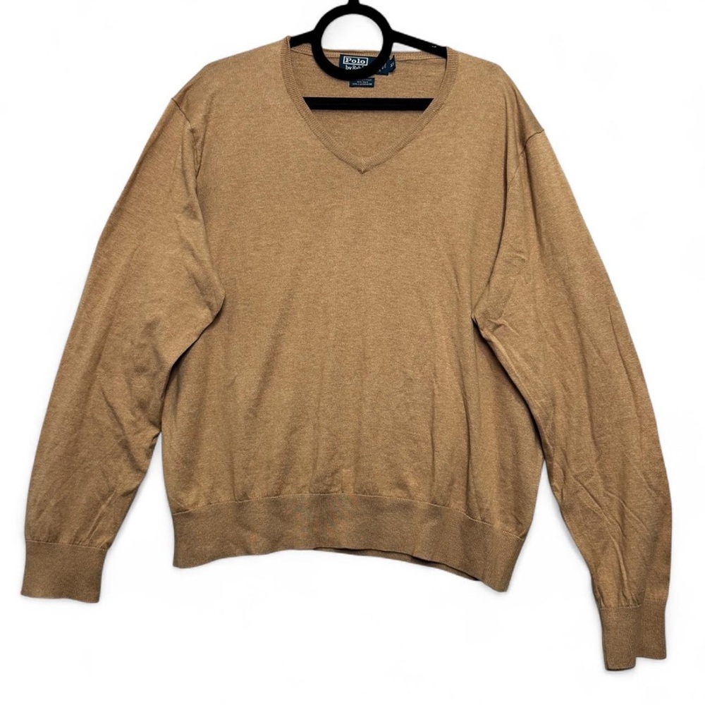 VTG Polo Ralph Lauren XXL Cashmere Blend Tan V-Neck Sweater Preppy Minimalist‎